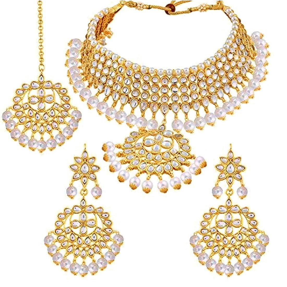 Ethnic Indian Fashion Jewelry Wedding Kundan Necklace Earring Tikka Set Women 