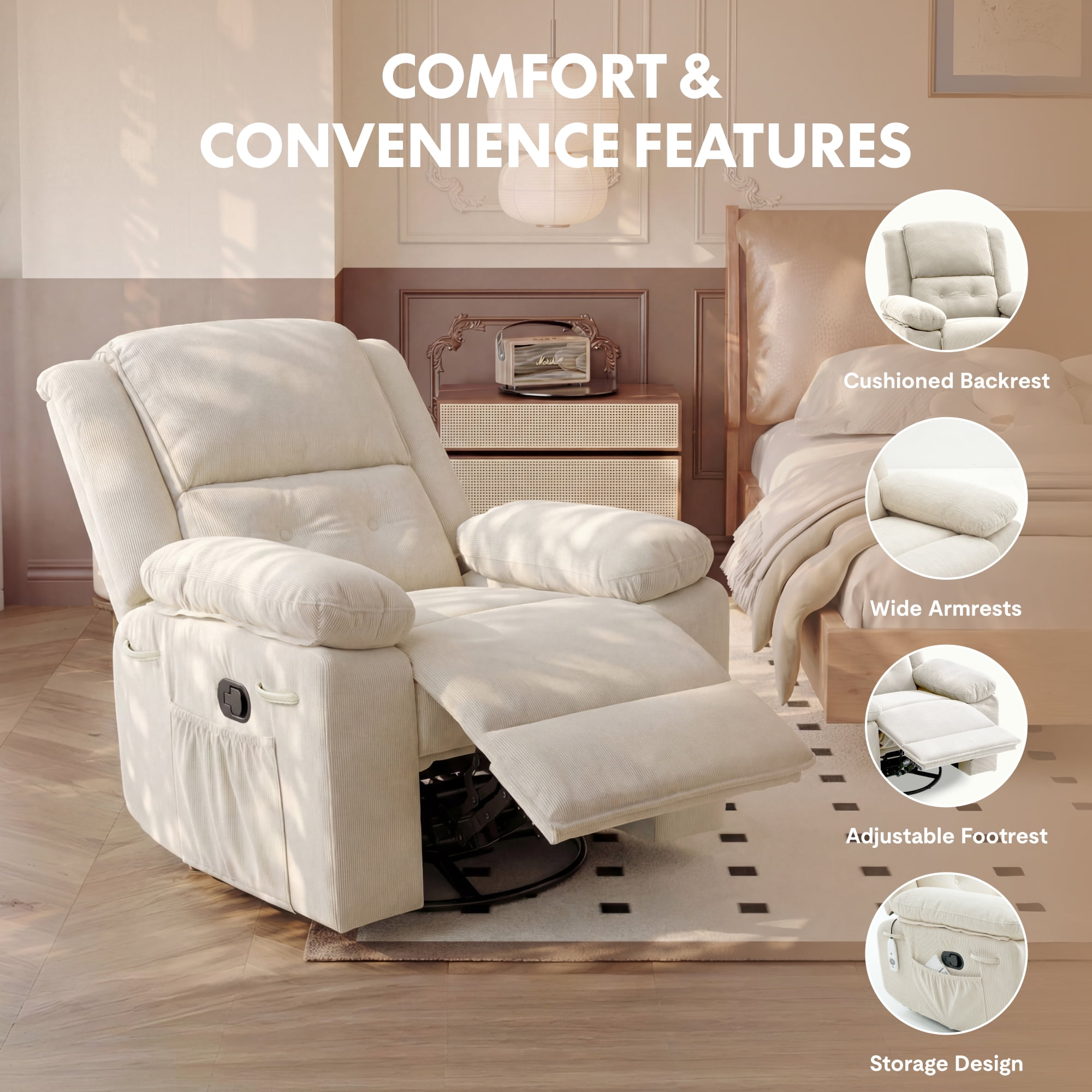 FlexiSpot Swivel Recliner Chair with Heat & Massage, 3-Position Adjustable Backrest, Soft Woven Fabric Nursery Glider with 360° Swivel, Wide Armrests, Large Side Pockets & 300 lbs Support,Beige