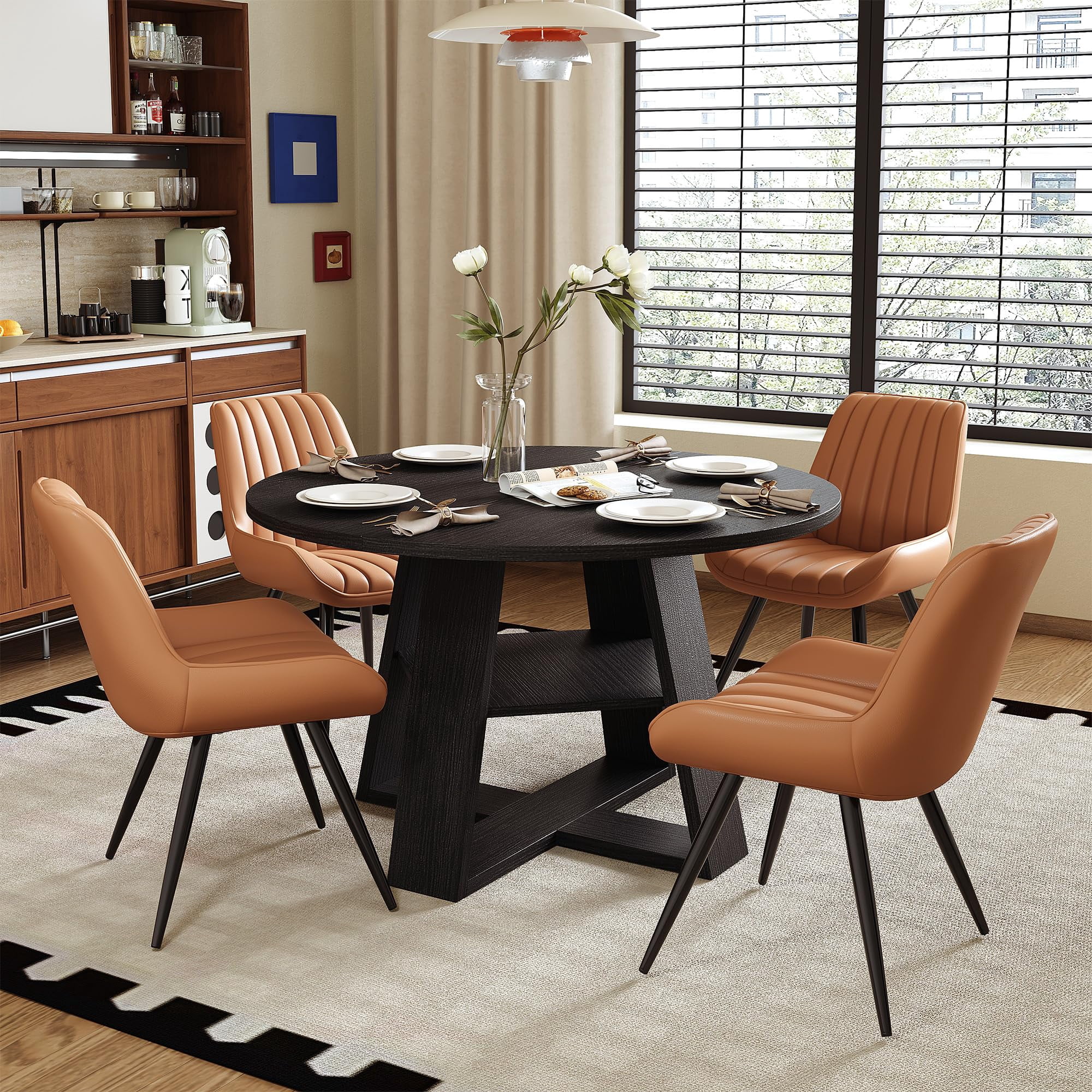 Round Dining Table Set Kitchen Dinette Furniture With Open Storage Shelf Compact Dining Room Table With Soft Padded Chairs Sturdy Metal Base Modern Minimalist Style Natural Wood Grain 5 Piece S