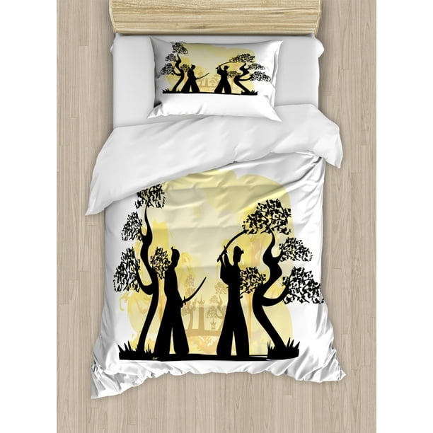 Samurai Twin Size Duvet Cover Set Figures From Japanese Culture Asian Silhouettes Oriental Ilration Decorative 2 Piece Bedding With 1 Pillow Sham Black And Pale Yellow By Ambesonne Com Samurai Twin Size Duvet Cover Set, Asian King Bed Set