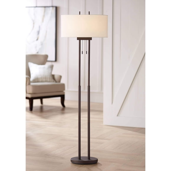 Franklin Iron Works Roscoe Lampe sur Pied Moderne 62 Pouces" de Haut Bronze Huilé Brun Poteaux Jumeaux Tissu Blanc Dos Rigide Abat-Jour Ovale Déco pour Salon Maison de Lecture Chambre Bureau