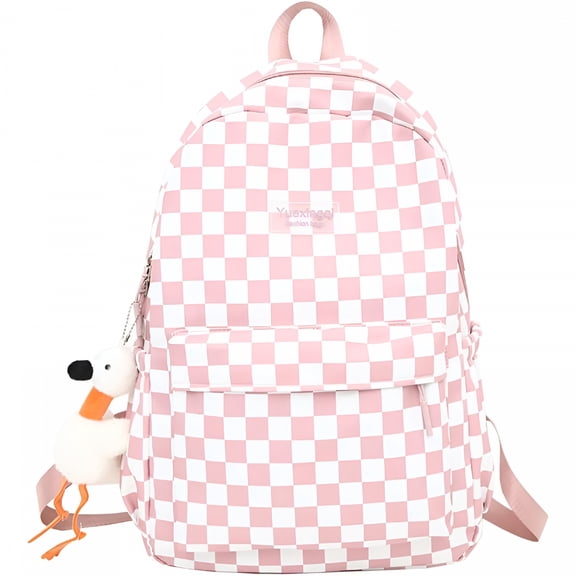GASTROPOD Checkered Backpack with Kawaii Pendant Checkerboard Backpack Cute Preppy Laptop Backpack Light Rucksack, Pink