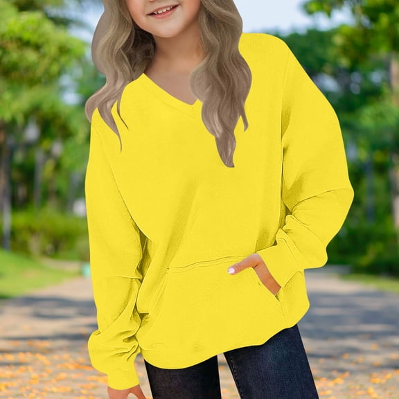 Yellow Relaxed Fit V-Neck Sweatshirt for Girls - Soft Stretch Polyester Spandex, Kangaroo Pocket, 4-14 Years,Size 4 T
