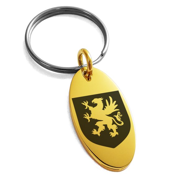 Stainless Steel Griffin Valor Coat of Arms Shield Engraved Small Oval Charm Keychain Keyring