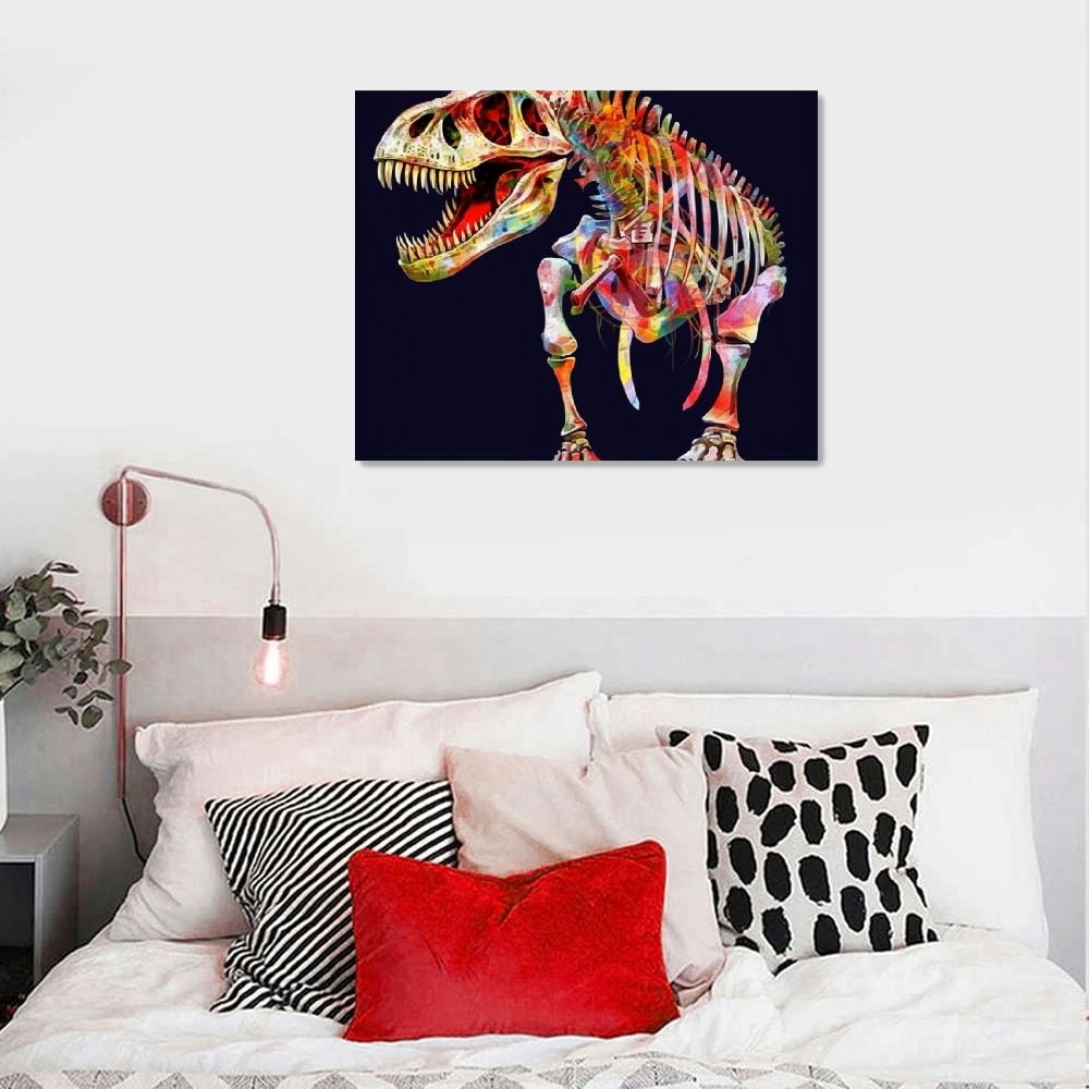 JRXY   Dinosaur Wall Art Black White Dinosaur Fossil Canvas Painting Wild Animal Picture T-Rex Poster Framed Art Prints for Kids Room Boys Bedroom Bathroom Home Nursery Decor 20x16in