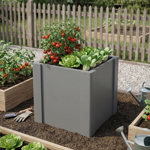 Outsunny Raised Garden Bed Galvanized Planter Box with Gloves for Gardening Vegetables, Flower, Herb, 1.4 x 1.4 x 1.5 ft, Gray