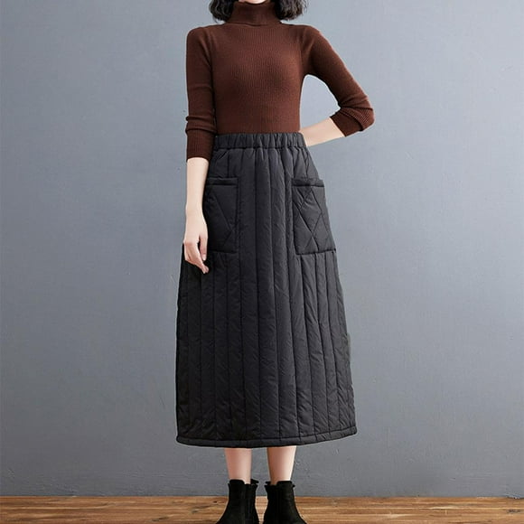 Moda invierno mujere faldas línea a con bolsillos hasta el tobillo grueso cinturo elástica acolchado negro casual para nieve cálido mujer SG BLESIY Falda de mujer