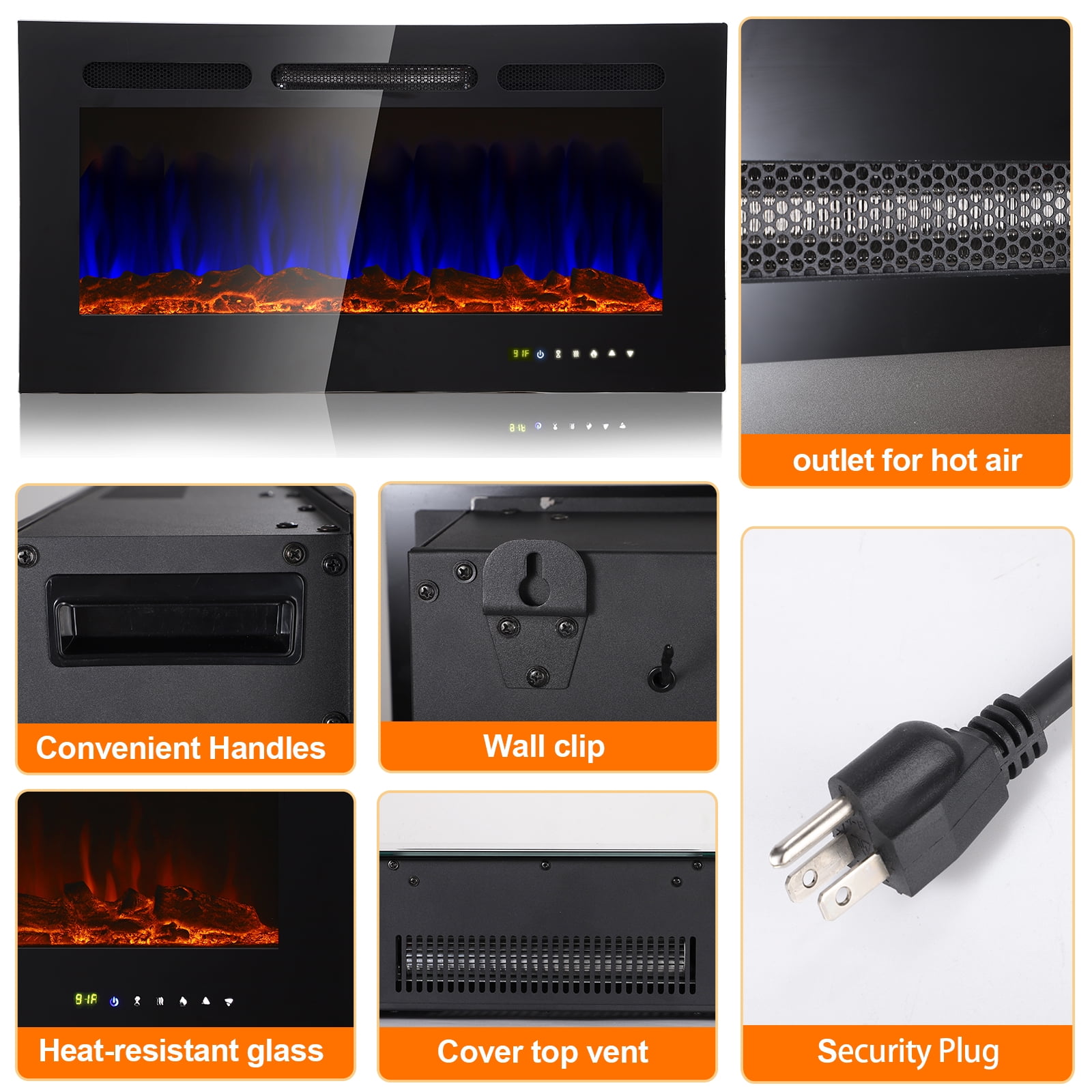 SKONYON 36" Electric Fireplace Recessed Ultra Thin Wall Mounted Heater w/Multicolor Flame