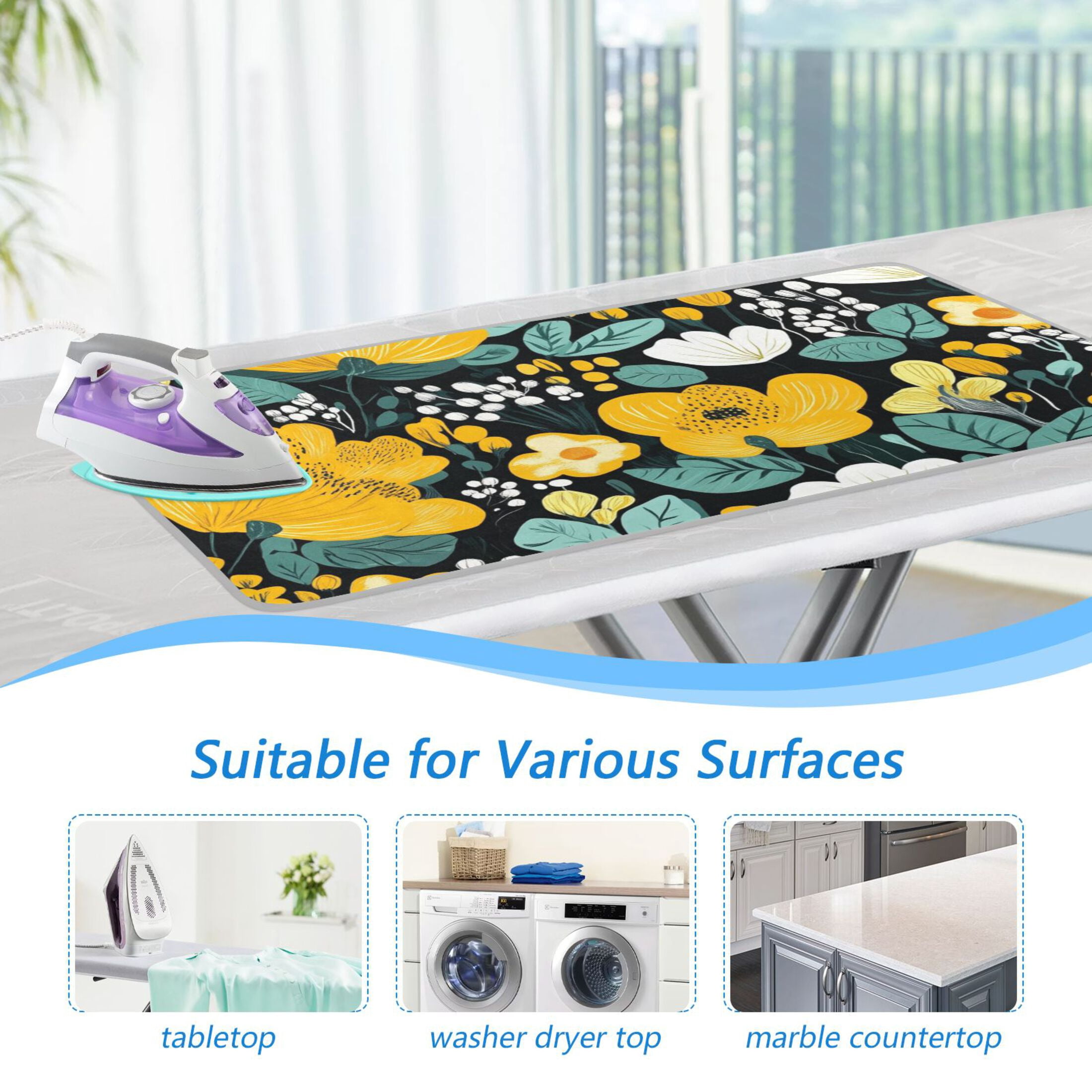 Yellow Floral on Black Background Ironing Mat Blanket for Table Top Travel Portable Ironing Board Pad 47.2x27.6 Inch