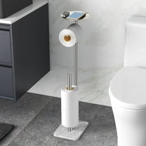 Toilet Paper Holder Stand for Bathroom Floor Standing Toilet Roll Dispenser Storages 4 Reserve Rolls, with Top Storage Shelf for Cell Phones, Wipe, Wallet and More(Marble Brush Nickel)