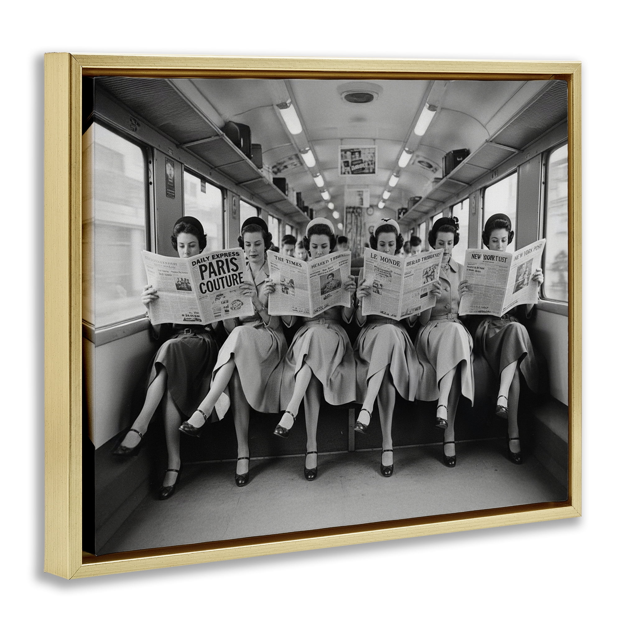 Stupell Industries Newsprint Ladies on Train Gold Framed Floater Canvas Wall Art, design by A Barefoot Stylist