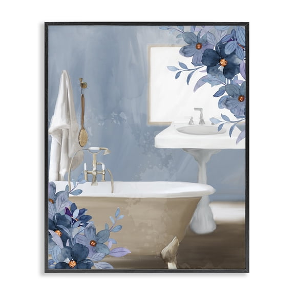 Stupell Industries Shabby Chic Bathroom Blues Floral Tub Black Framed Giclee Art, 11 x 14, by Kim Allen