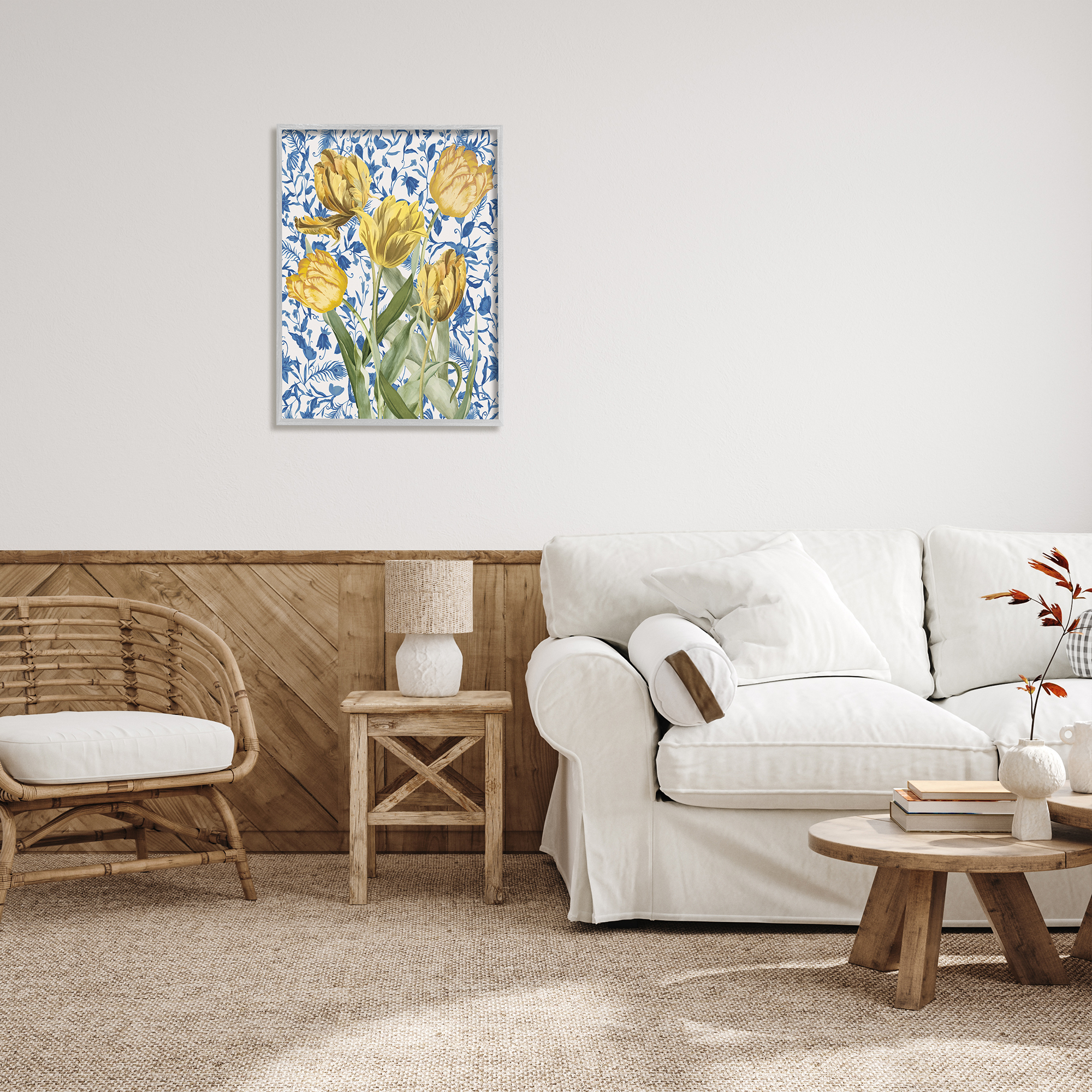 Stupell Industries Tulips on Blue Toile Botanical & Floral Painting Gray Framed Art Print Wall Art, 24 x 30