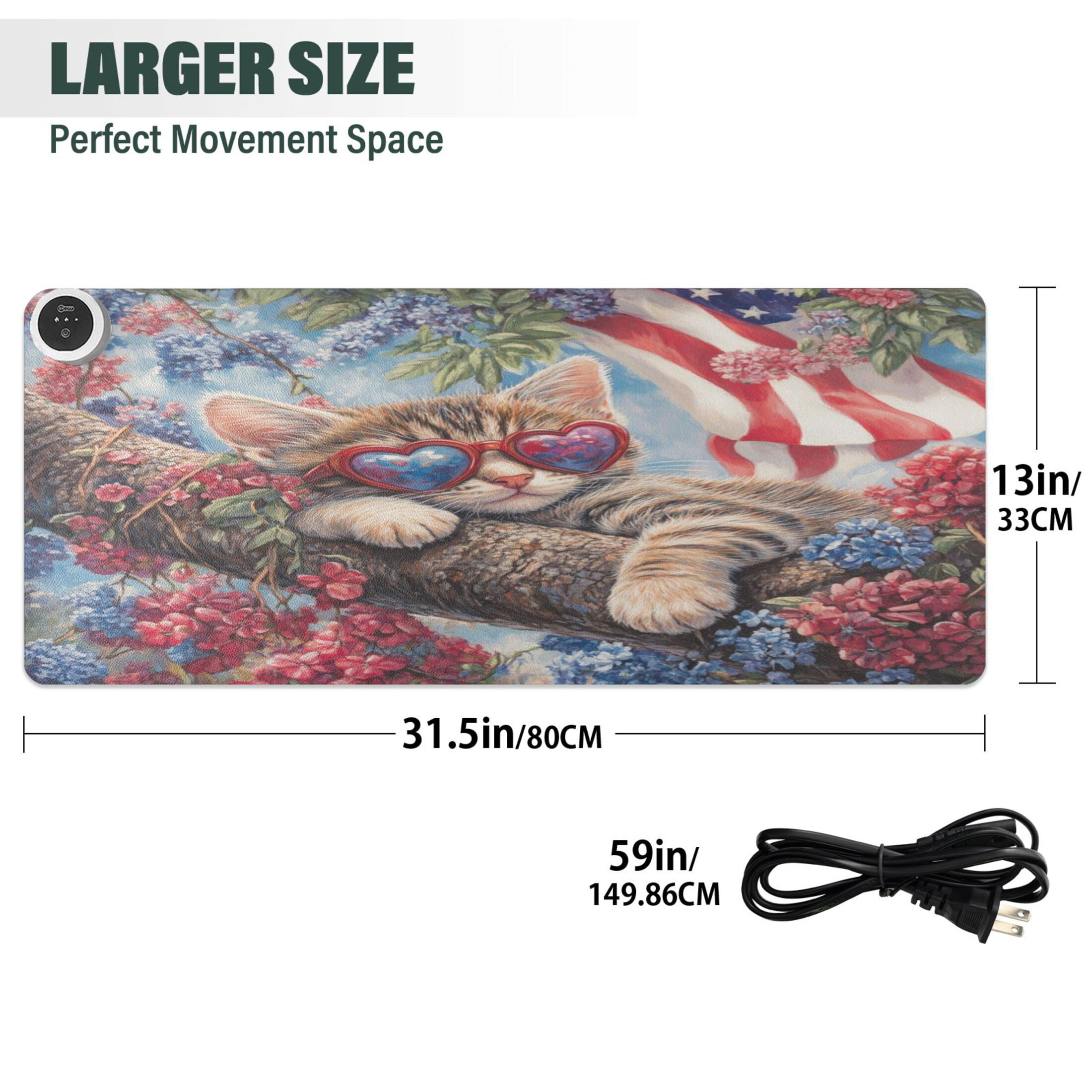 Wobogo 4th Of July Cat Heated Mouse Pad Extra-Large Desk Mat With 3 Heating Levels and 3-hour Auto Shut-Off Protection Ideal for Computer Keyboards Home Office Hand-warming Essential 31.5in × 13in