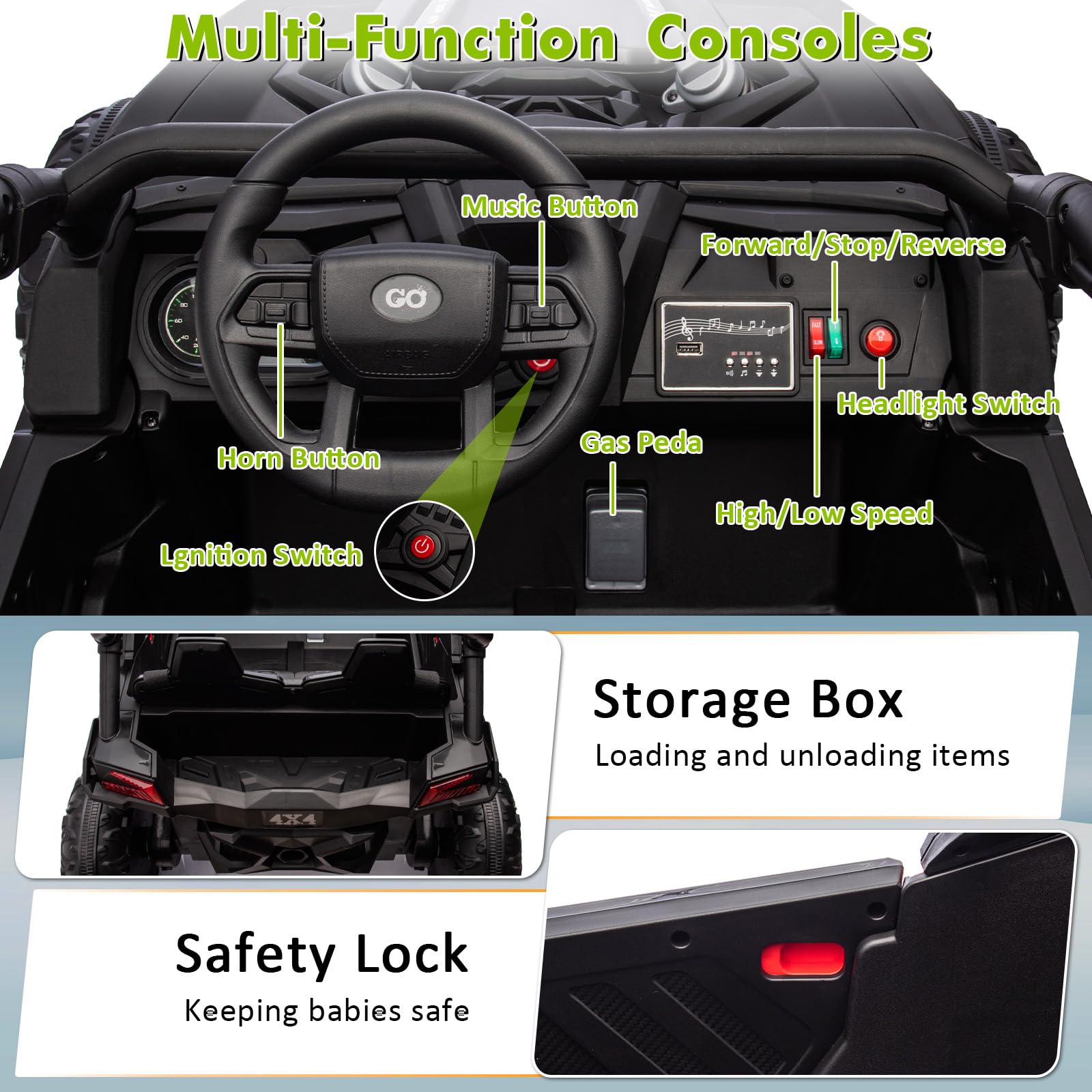 Luku 24V 2-Seater 4WD Kids Ride-On UTV, Parent Remote Control, 4 Shock Absorbers, LED Lights, Music, 3-Speed, Off-Road Electric Truck for Ages 3+
