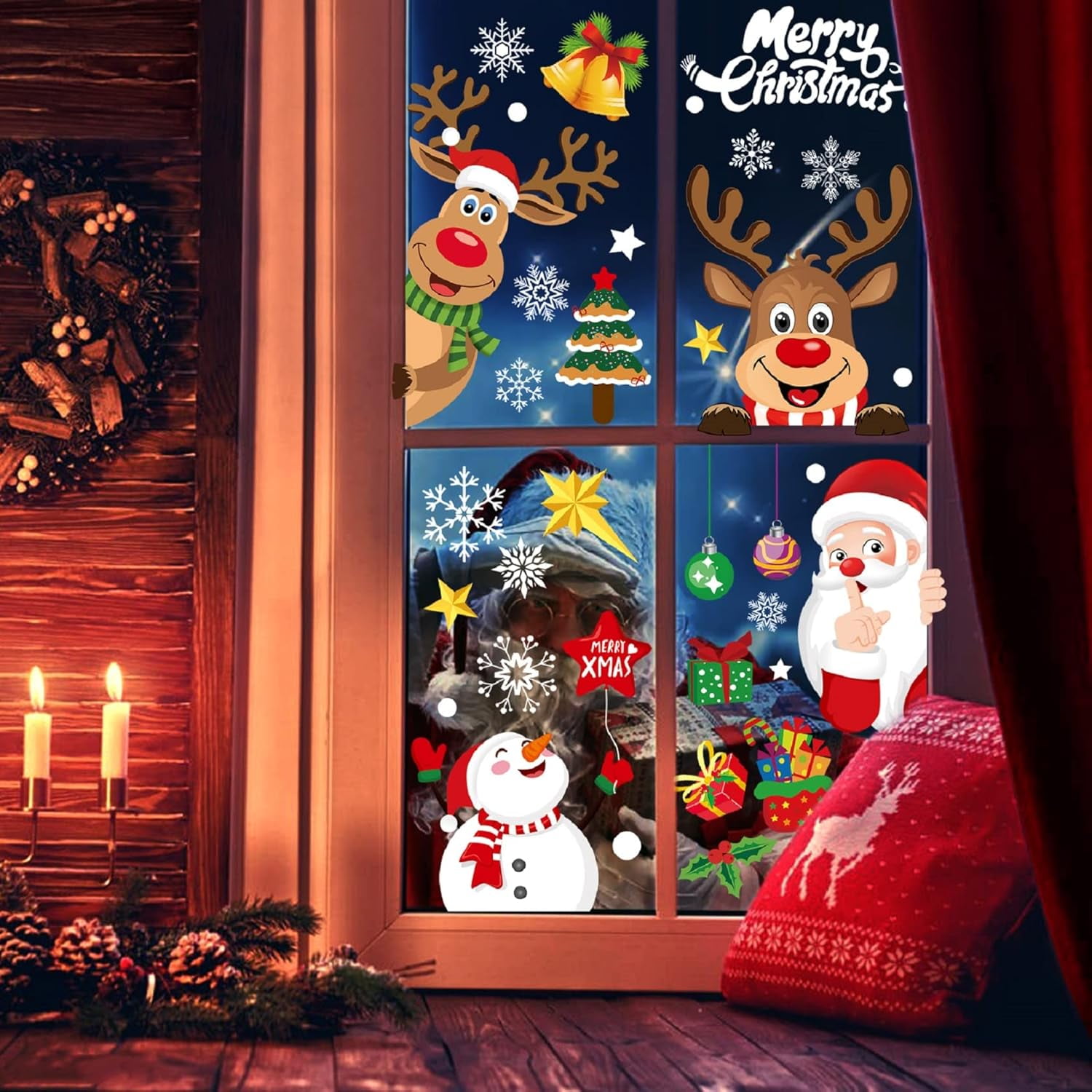 Christmas Window Clings 256pcs, Christmas Decals Reusable Double Sided Printed Self Adhesive Window Decorations Santa Claus, Moose, Snowman,Socks,Xmas Tree and Snowflakes Window Stickers, 8 Sheet