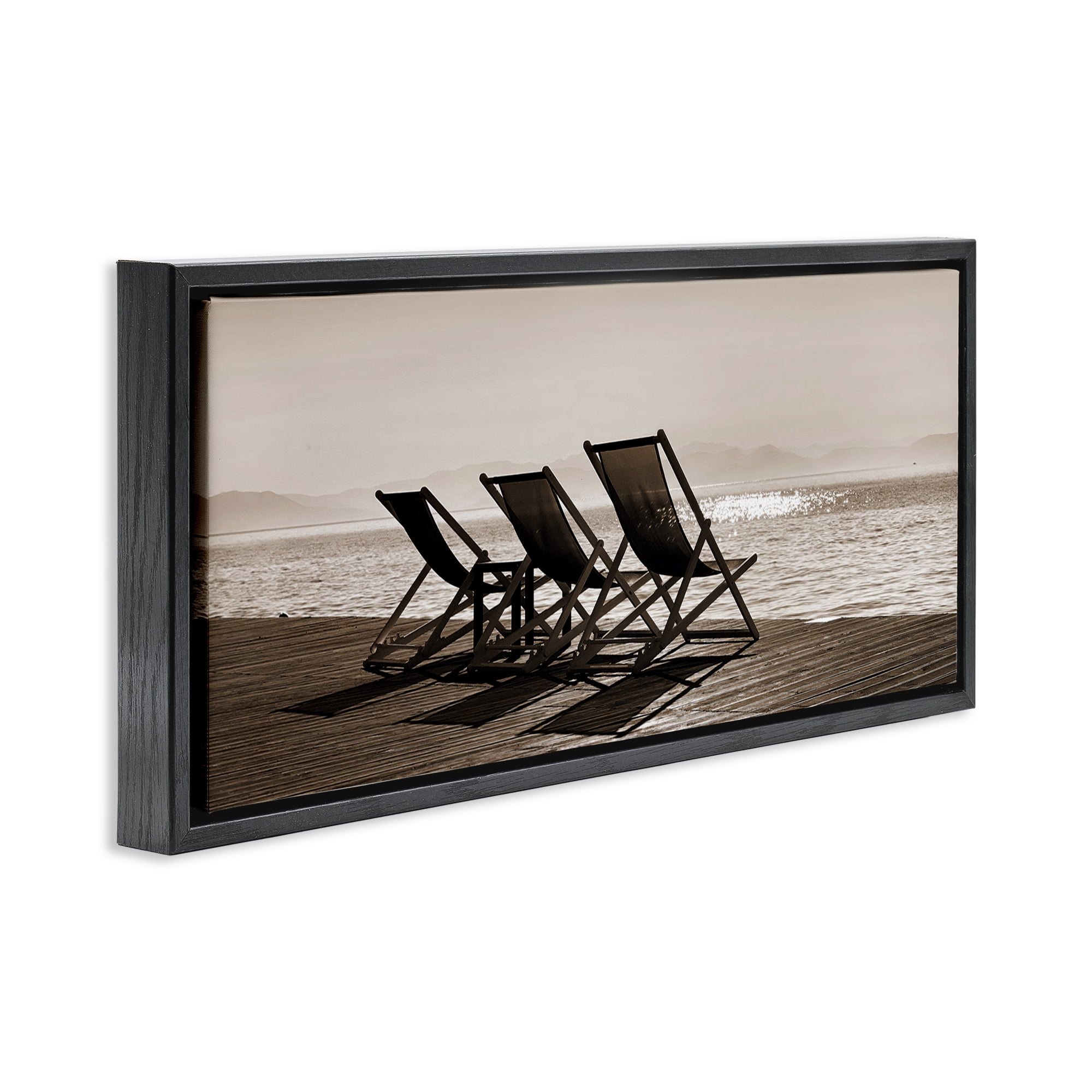 Stupell Industries On Deck Beach Chairs Coastal Photography Black Floater Framed Canvas Art Print Wall Art, 31 x 14