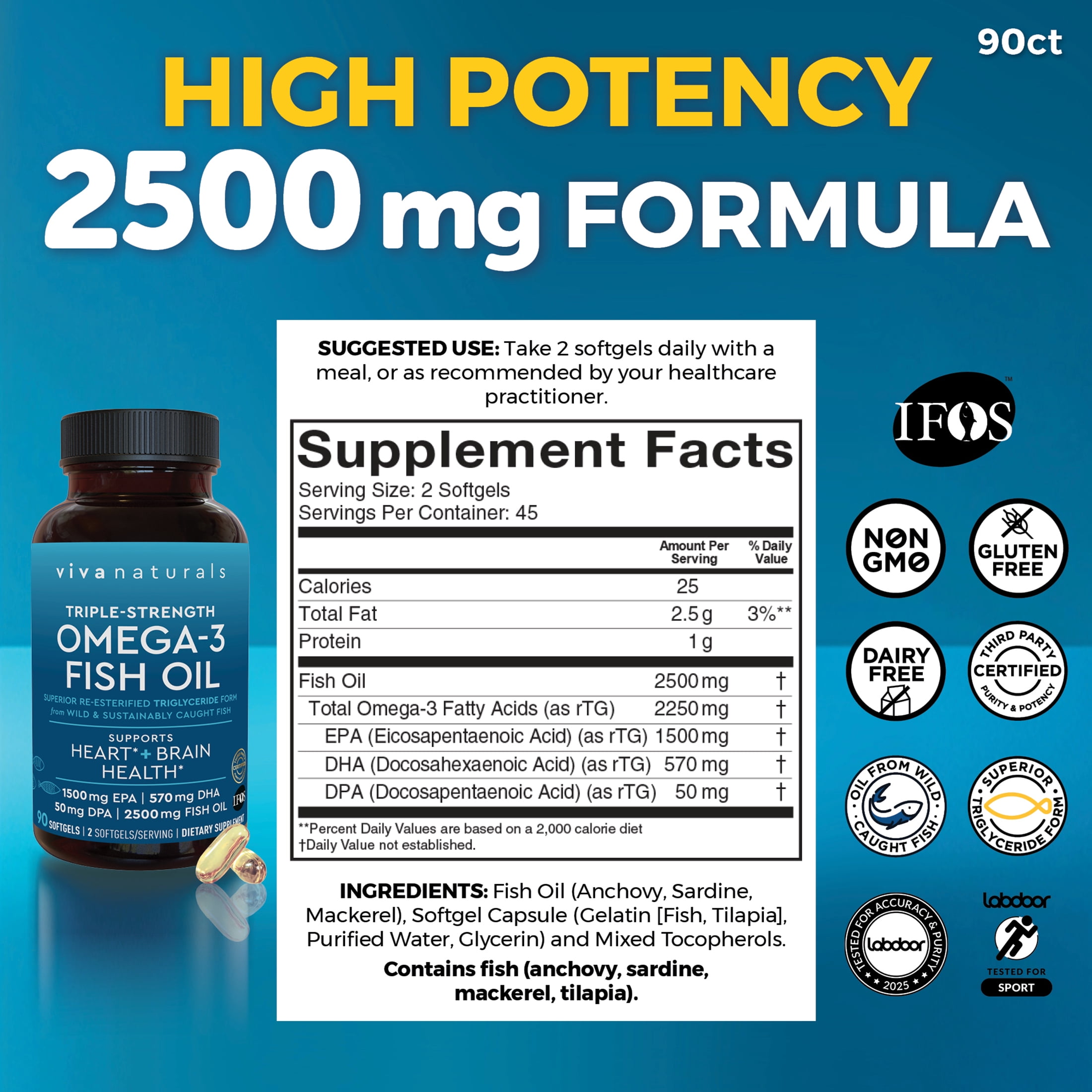 Viva Naturals Triple-Strength Omega-3 Fish Oil Supplement, 2500 mg, 90 Pescatarian-Friendly Softgels