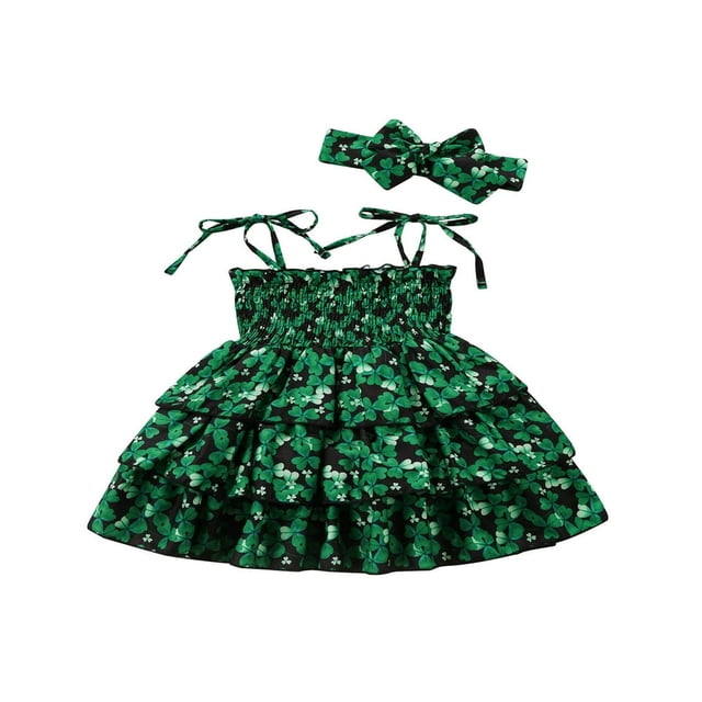 PENGXIANG Bébé Filles Robe d'Été Tenues Trèfle Imprimé Spaghetti Sangle Robe de Soleil et Bandeau 2Pcs Ensembles Blanc 4-5 Ans