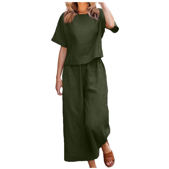Cinvoph Ensemble Deux Pièces en Coton et Lin pour Femmes Col Rond Manches Courtes Haut Pantalon Grand Tenue de Maison Ensemble de Vacances d'Été