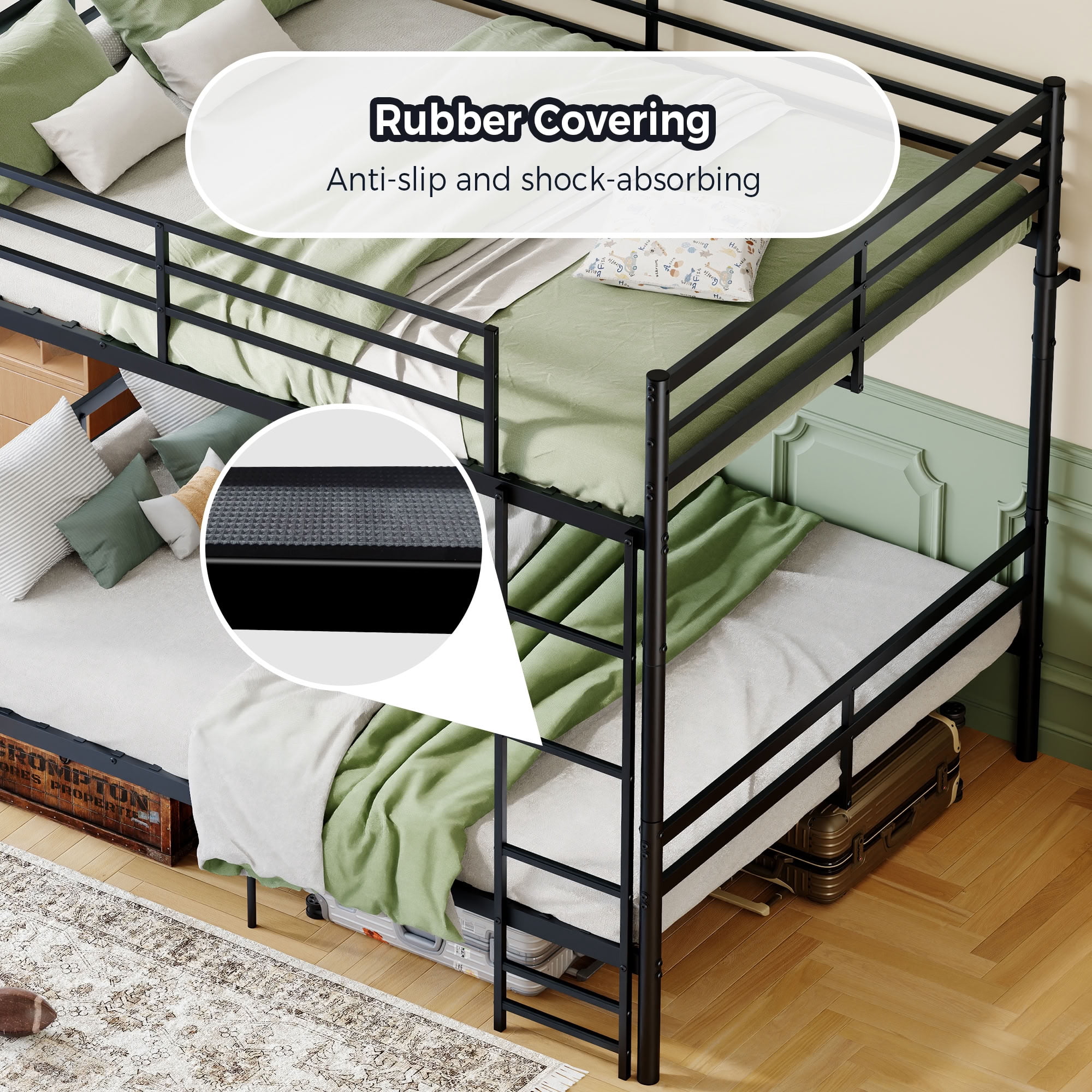 MAYEERTY Queen Over Queen Bunk Bed with Ladder and High Guardrails, Heavy Duty Metal Bed Frame Supports 550 lbs, Space-Saving Storage for Kids Teens Adults