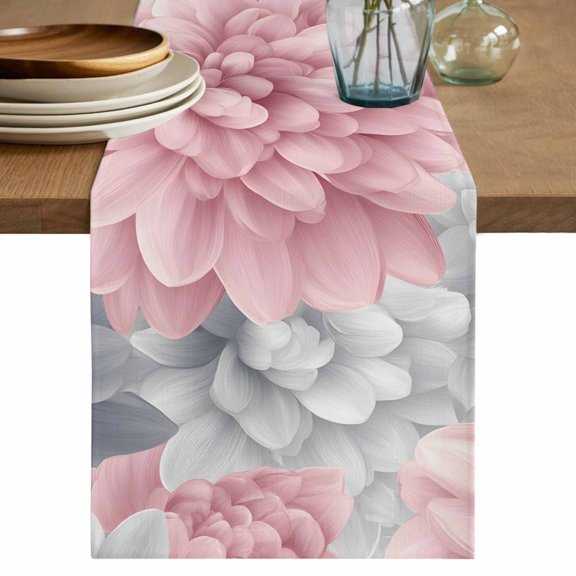 Table Runner Pink Gray Flowers Soft Linen Style Table Runner Cloth Spring Pastoral Dining Table Decor for Kitchen, Dining Room, Parties, Holiday & Everyday Use 13x36 Inch