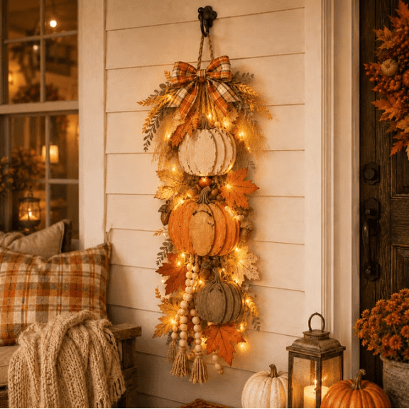 21.7inch Wooden Pumpkin Door Hanging with Warm LED Lights, Harvest Fall Farmhouse Decor with Autumn Leaves for Porch Entryway