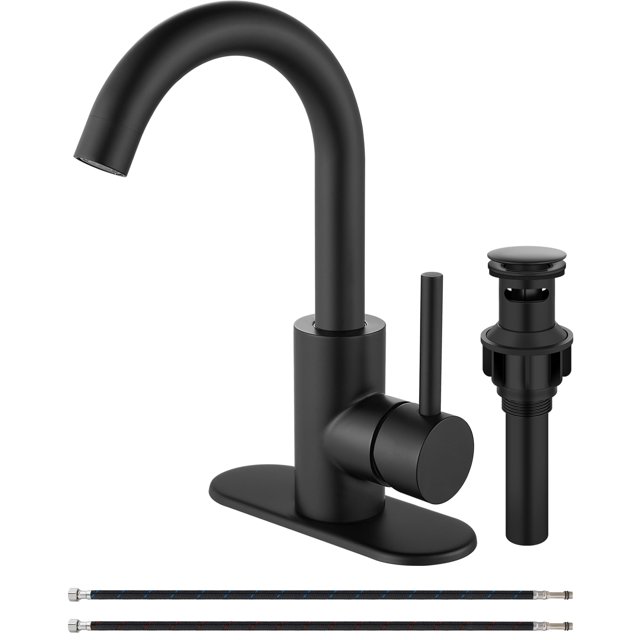 Midanya Grifo para fregadero de barra húmeda con una sola manija para baño, grifo de cocina, grifo de 1 orificio, caño giratorio, granja, RV, pequeño tocador, baño, grifo con placa de cubierta, negro