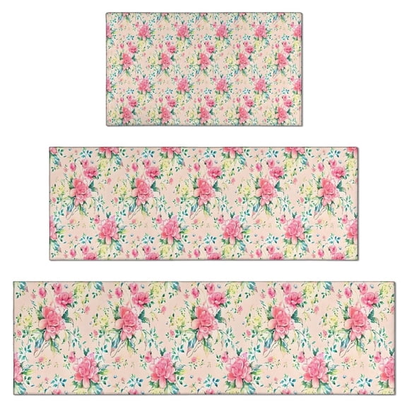 Pioneer Flower Floral Print Pattern Kitchen Rugs Sets Of 3,Kitchen Runner Rugs Non Skid Washable,Decorative Kitchen Floor Mats for Kitchen,Sink,Laundry,17"x30"  17"x47"   17"x59"