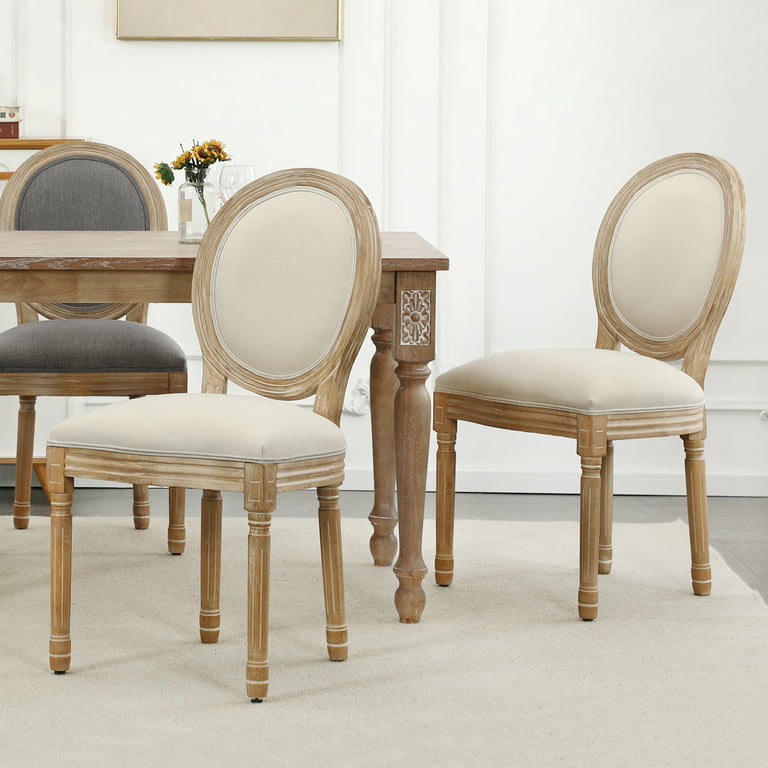 King Louis Back Side Chair Set of 2 French Country Dining Chairs  Upholstered Linen Dining Room Chairs,Beige