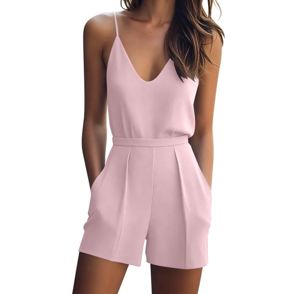 ATOYSOY Womens Spaghetti Strap V Neck Romper Casual Summer Jumpsuit With Pockets Loose Fitted Breathable For Beach Vacation And Daily Wear