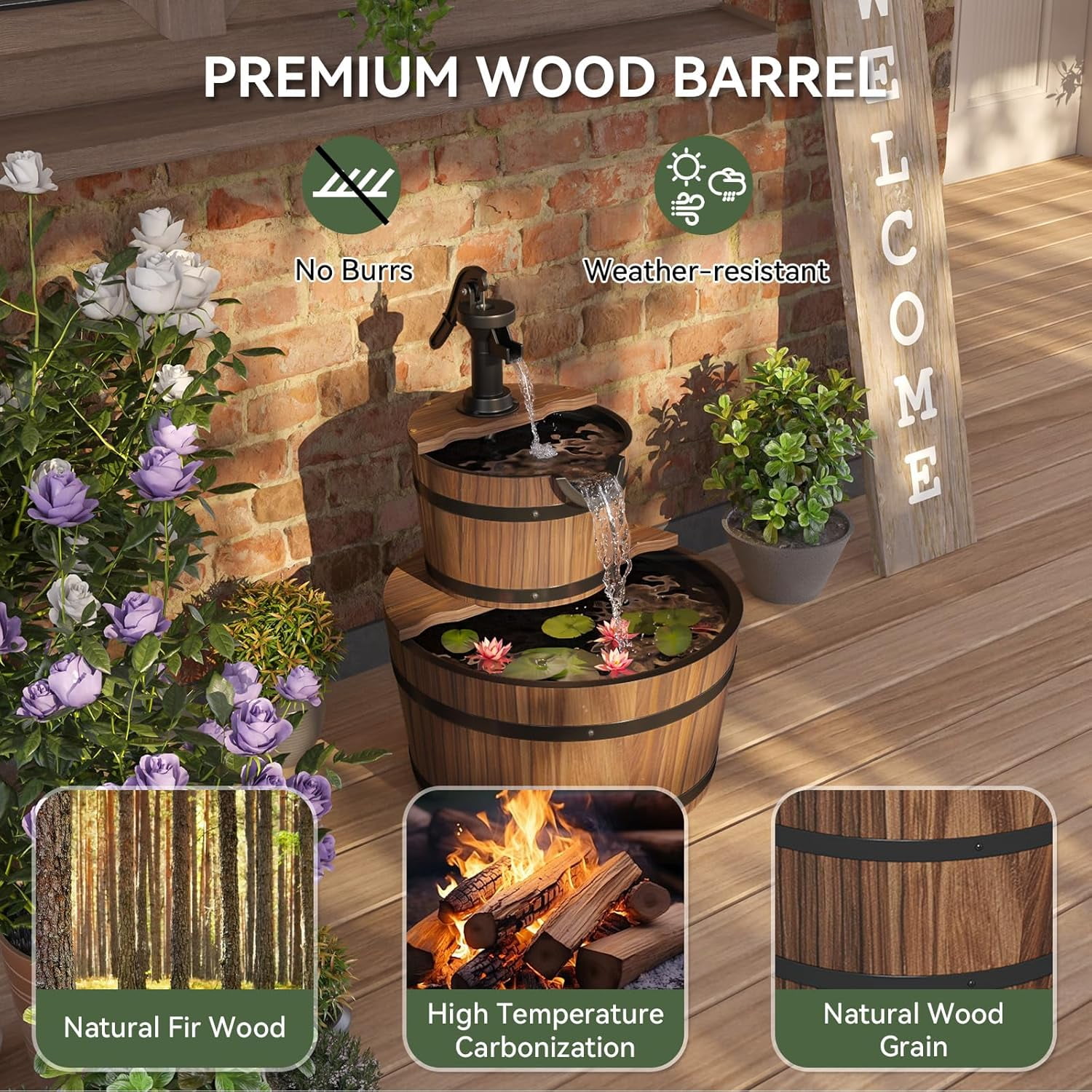 ZJTER 2-Tier Outdoor Water Fountain, Wood Barrel Cascading with Electric Decorative Hand Pump, Rustic Waterfall Fountain for Garden, Backyard, Patio, Porch, Yard
