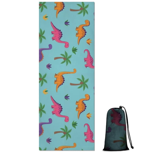 Light Blue Dinosaur Palm Pattern Hot Yoga Mat Towel Non Slip for Hot Yoga - Quick-Drying Yoga Mat Cover with 4 Corner Pockets with Travel Bag - Hot Yoga Towel Non Slip 70"x26"
