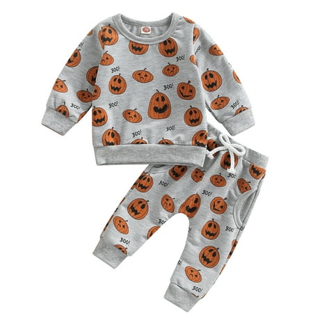 

Toddler Baby Boys Girls Fall Outfit Kids Halloween Pumpkin Pullover Sweatshirt Top Shirt+Pants 2pcs Set