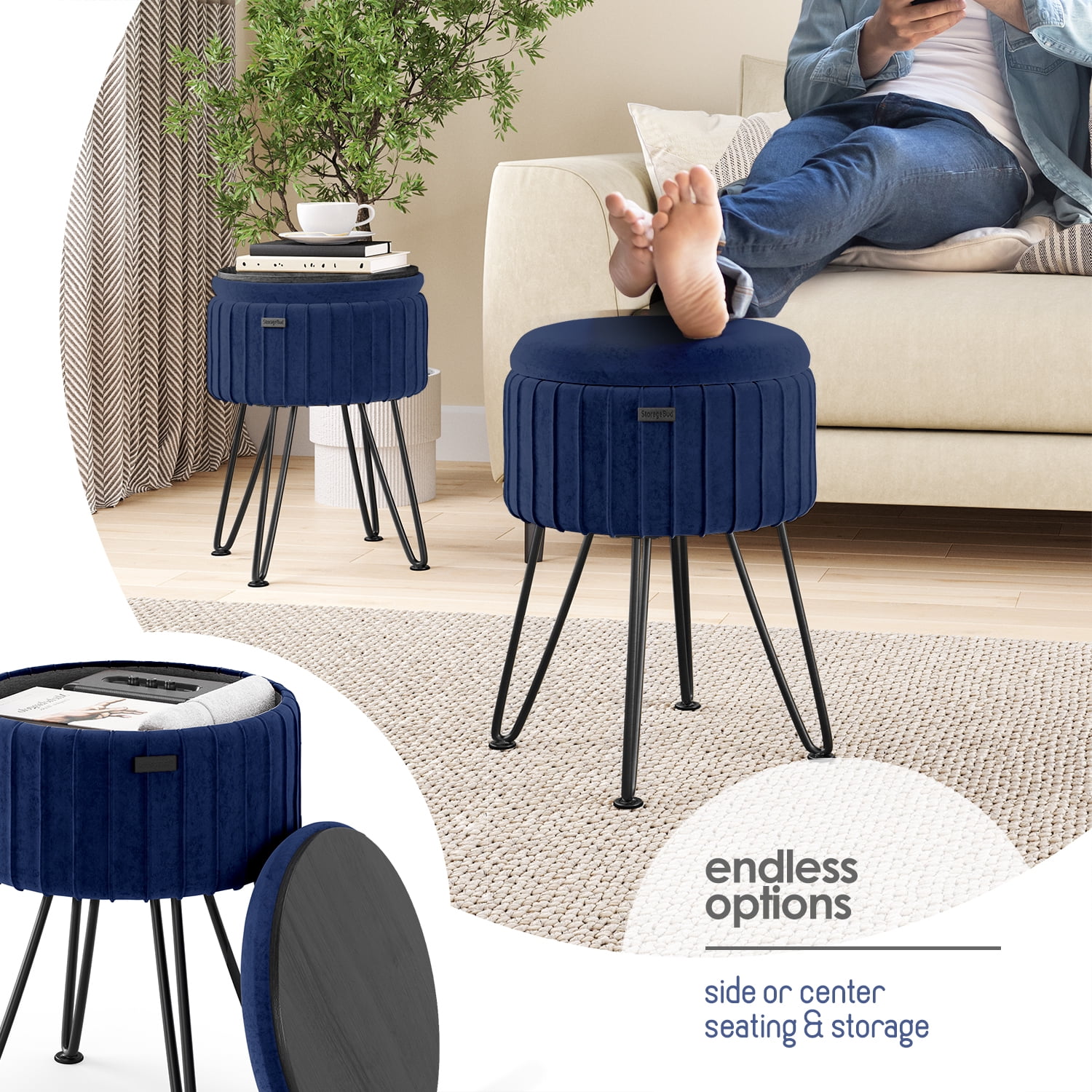 Hearth & Harbor Round Ottoman with Storage, Luxurious Foot Stool and Chic Vanity Stool with Storage, Elegant Pleated Velvet Blue