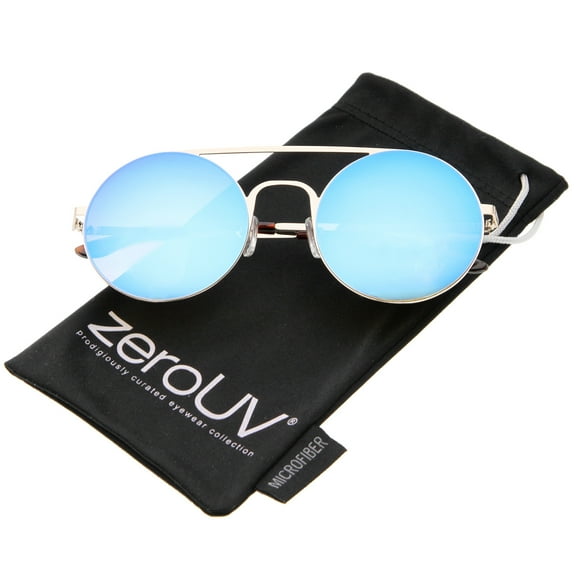 zeroUV Unisex Modern Slim Double Nose Bridge Colored Mirror Flat Lens Round Sunglasses (Gold / Blue-Orange Mirror) - 53mm