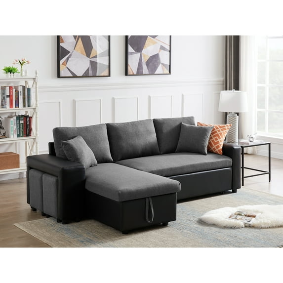 Artemax 92.5"Linen Reversible Sleeper Sectional Sofa with storage and 2 stools Steel Gray