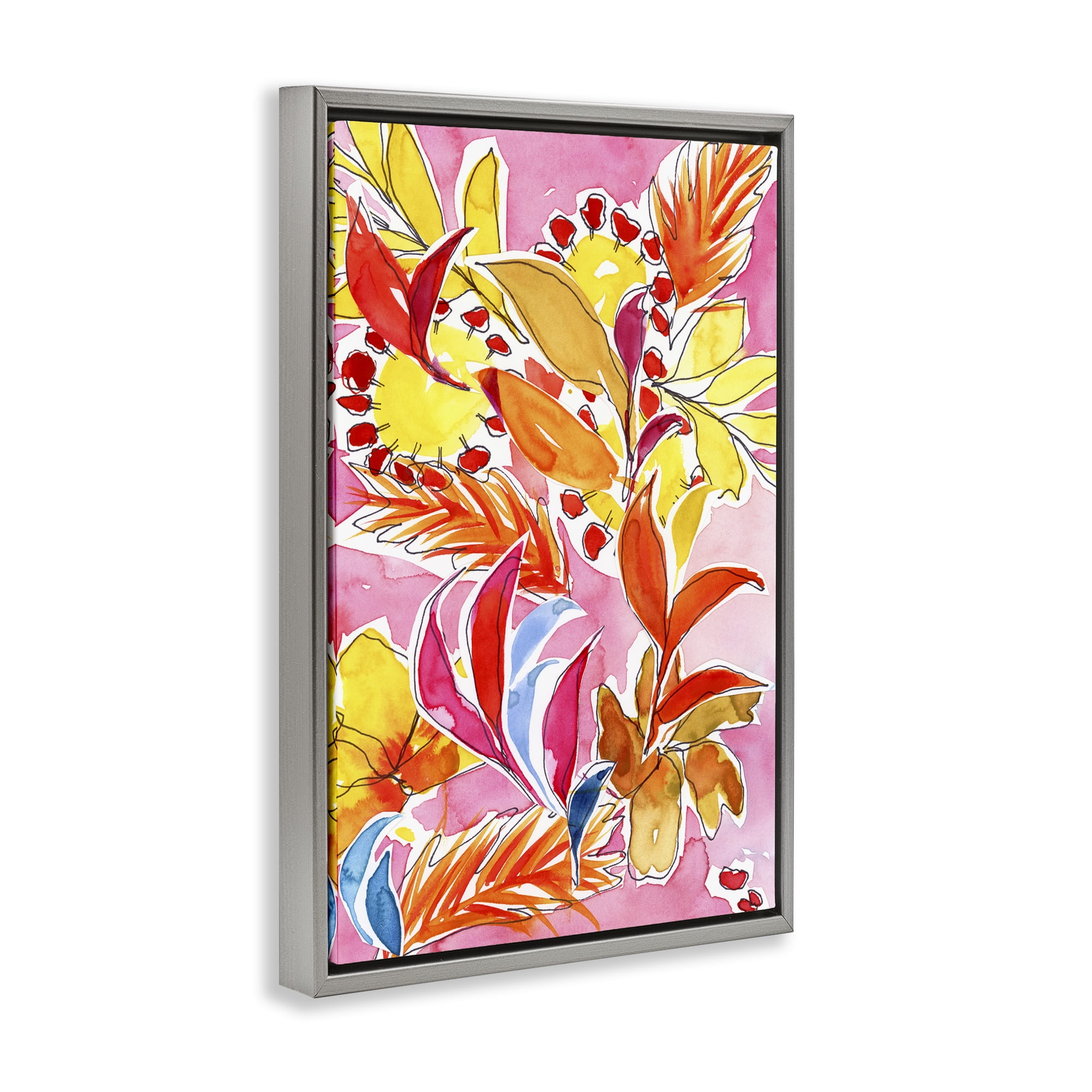 Stupell Industries Orange Botanicals on Pink Plants & Flowers Painting Gray Floater Framed Canvas Art Print Wall Art, 17 x 25