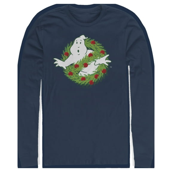 Men's Ghostbusters Christmas Wreath Logo Long Sleeve Shirt Navy Blue Medium