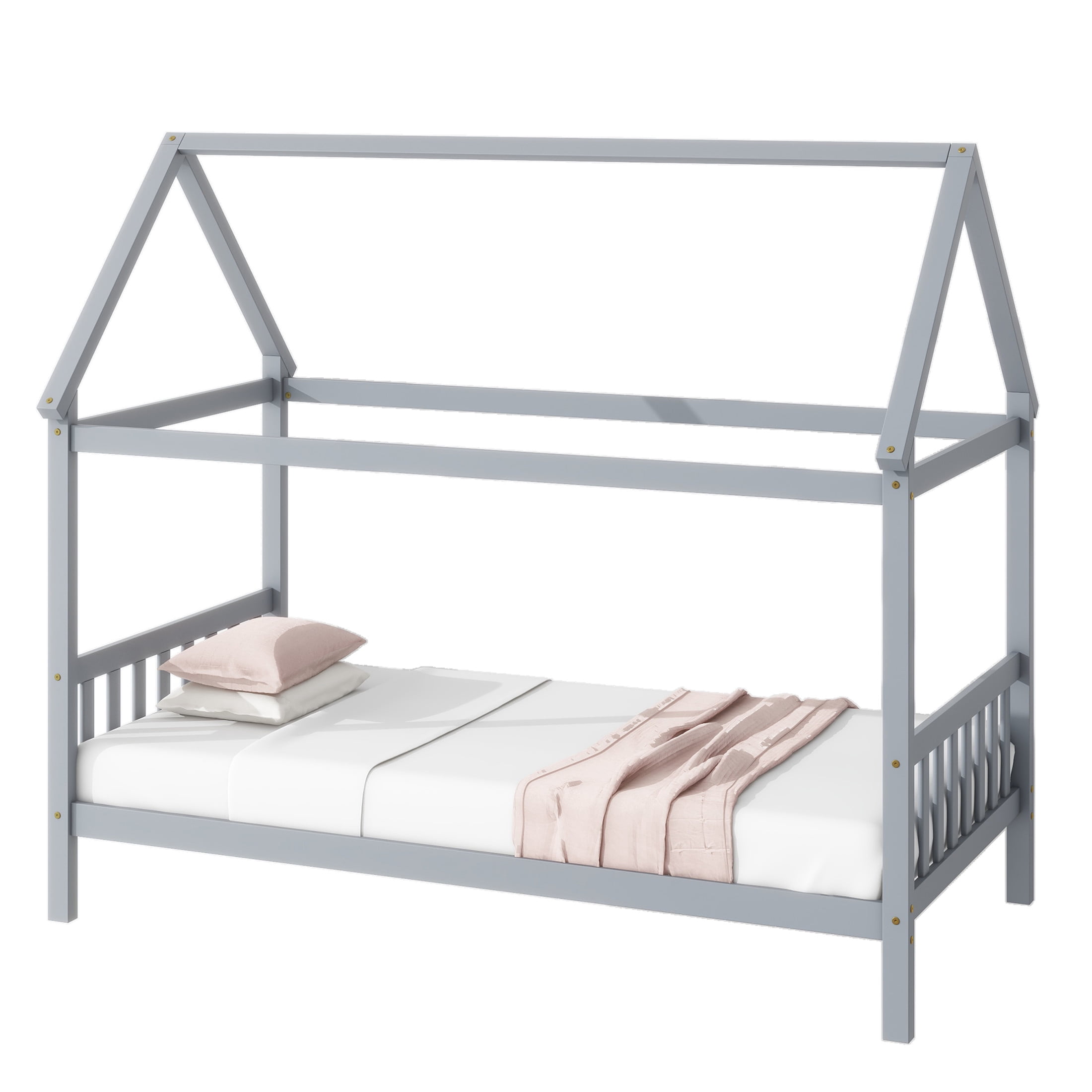 Noble House Lois Twin House Canopy Bed, Rubber Wood Frame with House-Shaped Design and Headboard Footboard, Light Grey