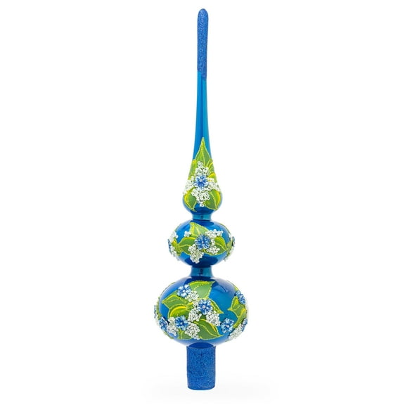 Blue Flowers on Glossy Blue Mouth Glass Christmas Tree Topper 12.5 Inches