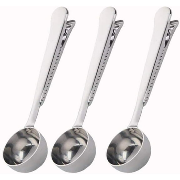 LQQBOX 3 PCS Silver Coffee Scoop with Clip 2 in 1 Stainless Steel 1 tbsp Ground Measuring Spoon with Bag Clip for Coffee Tea