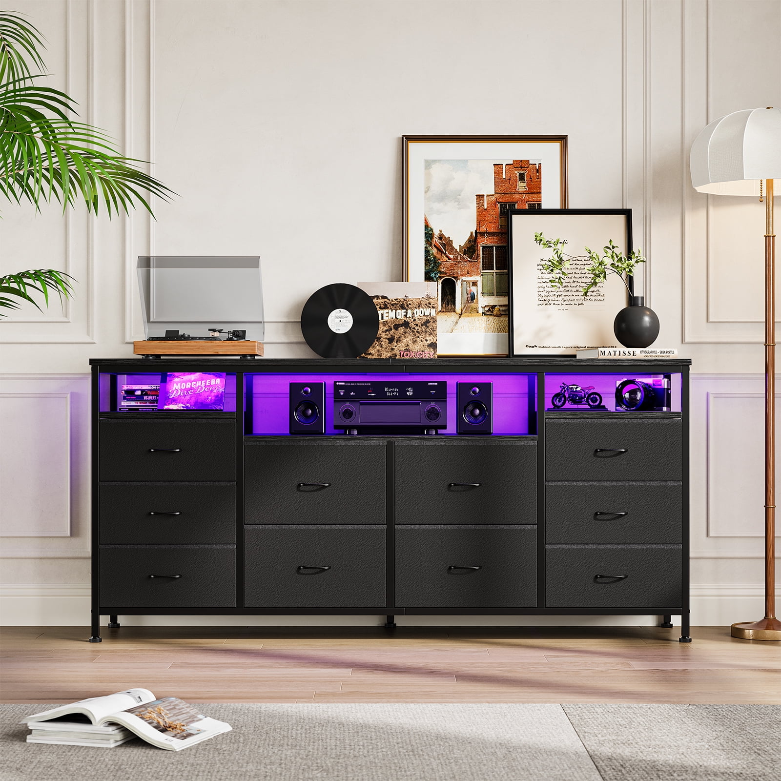 Towallmark 10 Drawer Dresser TV Stand for 65/70/75 Inch TV, 63" W Long Fabric Dresser Entertainment Center with LED Lights & Power Outlets for Bedroom with Led Lights & Power Outlets