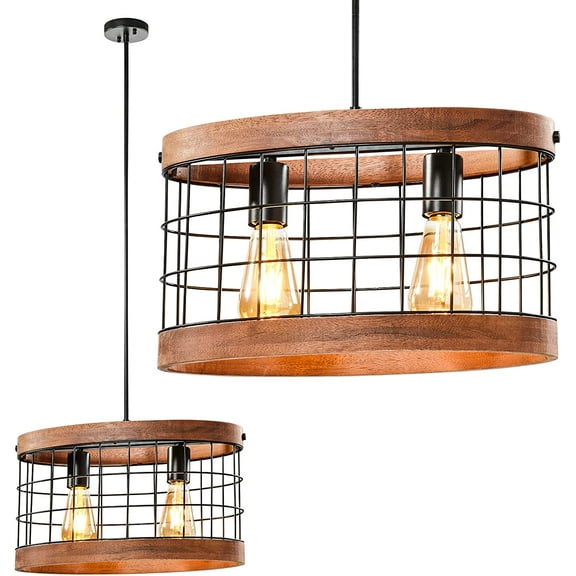 2-Light Rustic Farmhouse Wooden Chandeliers ,Oval Wood Frame Mesh Cage Pendant Light Fixture Adjustable Hanging Chandelier for Kitchen Dining Room Living Room Bedroom Hallway Entryway