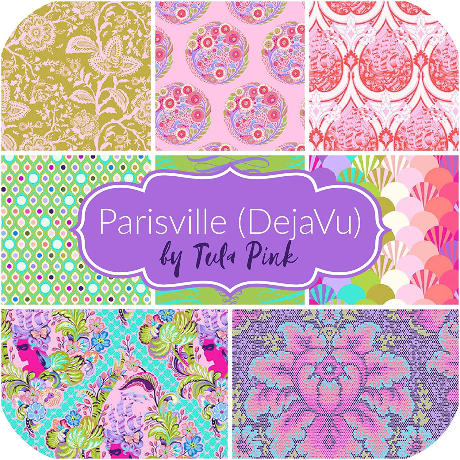 Parisville Deja Vu Fat Quarter Bundle (8 Pieces) by Tula Pink for Free Spirit 18 x 21 inches (45.72 cm x 53.34 cm) Fabric cuts DIY Quilt Fabric