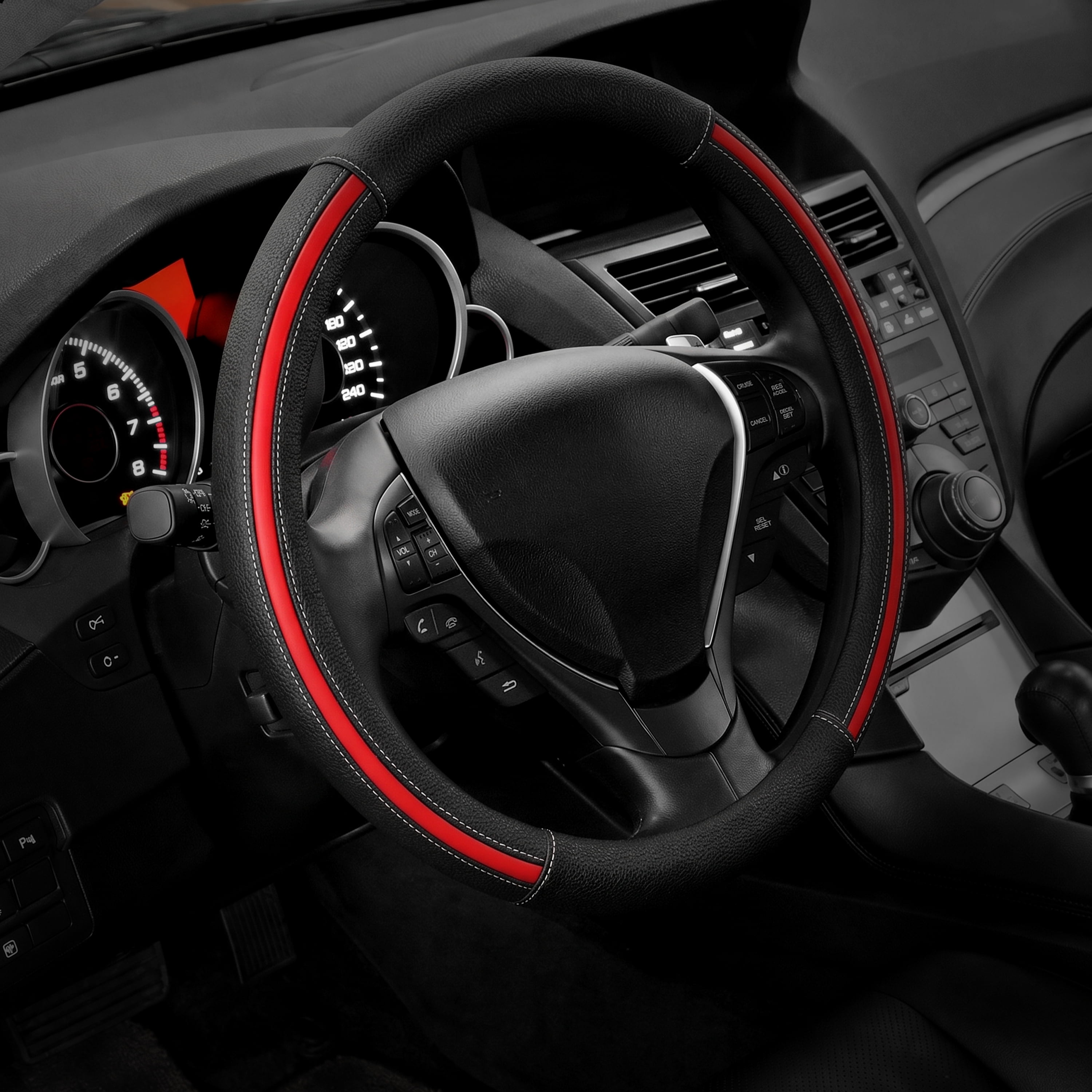 Auto Drive Sport Steering Wheel Cover Faux Leather, Universal Fit, Black Red