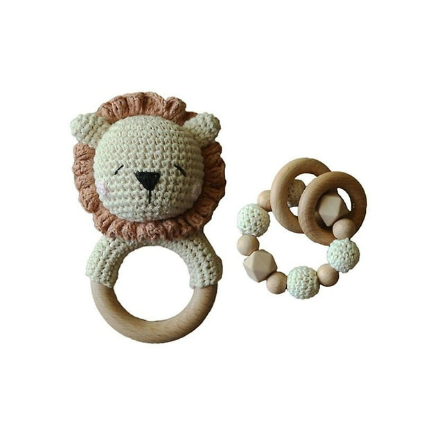 Army Green Cadena para chupete de bebé, Clip, soporte para pezones, pulsera de madera, sonajero de León de ganchillo