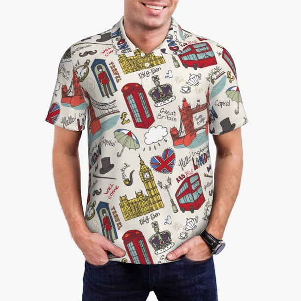 Fotbe London Landmark1 Camiseta Polo de Golf para Hombre con Estampado – Camisa Deportiva Transpirable con Cuello Abotonado-Small