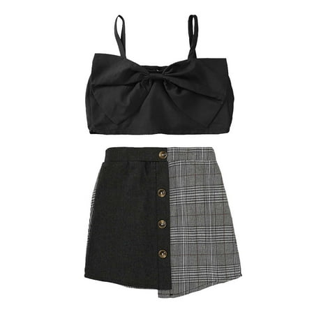 

Cute Fashion Baby Girls Sleeveless Plaid Skirt Suit With Black Bow Suspenders