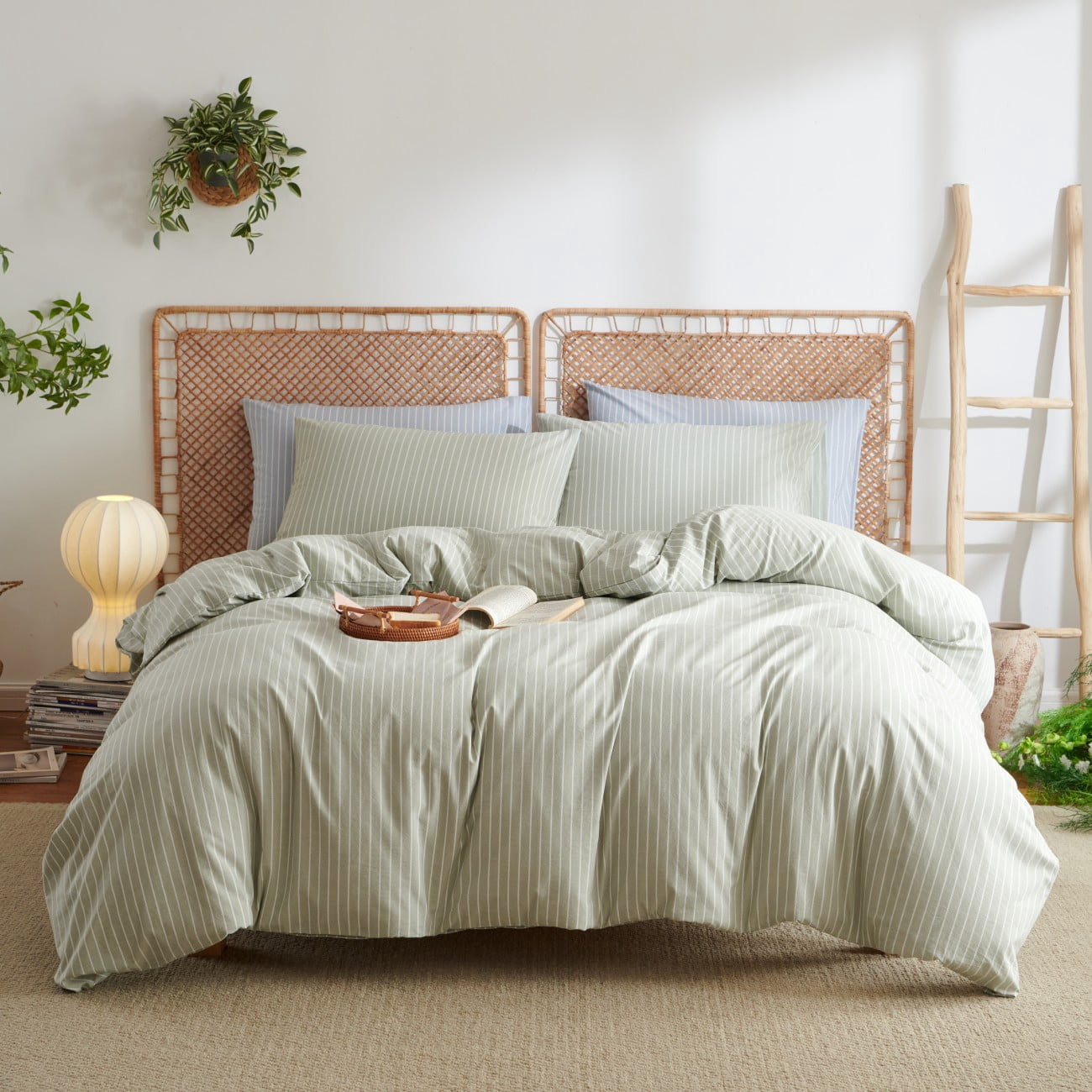 NAYOROOM 100% Cotton Duvet Cover Queen Set, 3-Piece Breathable Comforter Cover（Sage Green & White Striped）